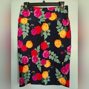 LuLaRoe Cassie Floral Pencil Skirt - Red, Pink, Orange on Navy Blue Sz Small